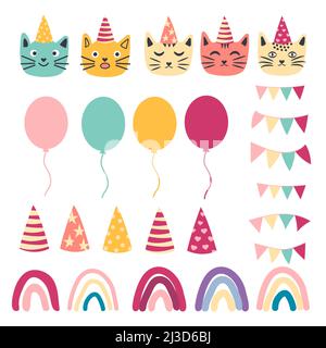 modello senza giunture di elementi di celebrazione di compleanno - palloncini, regali, bandiera, torta, gatto carino in cappello. Modello di biglietto di auguri per il compleanno. Bandiere di ghirlanda a colori Illustrazione Vettoriale