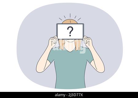Domande e dubbi sul concetto. Giovane donna in piedi tenendo segno nelle mani con punto interrogativo su di esso sensazione frustrata illustrazione vettoriale Illustrazione Vettoriale