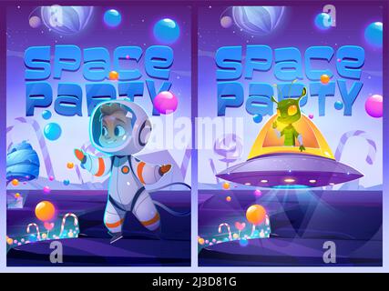 Striscioni cartoni animati Space party con carino astronauta e alieno in ufo piattino sul paesaggio fantasy planet con dolci e caramelle intorno. Celebrità di compleanno Illustrazione Vettoriale