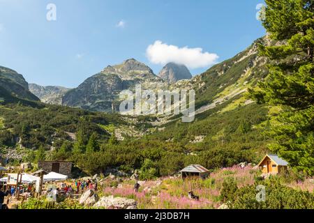 Vista sul picco di Malyovitsa come visto dallo chalet in una giornata estiva soleggiata nel Parco Nazionale di Rila, Rila montagna, Bulgaria, Europa Foto Stock