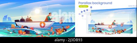 Parallasse sfondo oceano inquinato acqua pulizia, uomo su barca di legno pulizia mare superficie cattura rifiuti di plastica con salto. Problema di inquinamento ecologico 2d Illustrazione Vettoriale