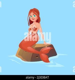 Bella sirena seduta su pietra in acqua. Vettore cartoon illustrazione di adorabile personaggio fantasia, fiaba donna con coda di pesce seduta o Illustrazione Vettoriale