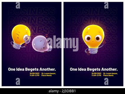 Volantini cartoni animati con divertenti lampadine personaggi luminosi, sorridenti, addormentati e soluzioni di ricerca con lente d'ingrandimento. Le lampade cute esprimono le emozioni Illustrazione Vettoriale