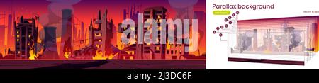 Parallax sfondo città in fuoco, la guerra distruggere, abbandonato bruciare edifici rotti con fumo e fiamma. 2d scena di gioco di cartoon cityscape separata su l Illustrazione Vettoriale