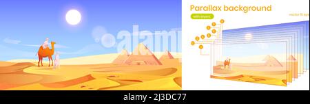 Parallasse sfondo Egitto deserto paesaggio con piramidi e beduini con cammello. Panorama egizio vista di famoso punto di riferimento in dune di sabbia dorata. Cartone animato Illustrazione Vettoriale