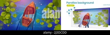 Parallax sfondo barca in legno sul lago vista dall'alto, 2D paesaggio natura paesaggio paesaggio skiff con pagaia e sciarpa di seta su stagno selvaggio. Vista cartoon con separat Illustrazione Vettoriale