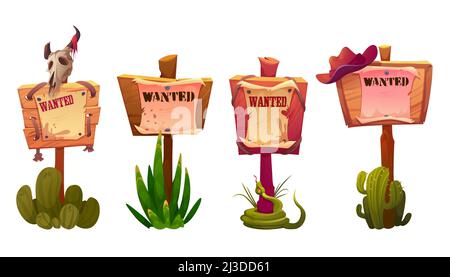 Volevano segni o striscioni, annuncio del selvaggio West su appendere pergamena su tavola di legno con cappello cowboy, cranio animale, serpente e cactus su pali di legno. Ovest Illustrazione Vettoriale