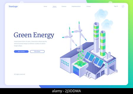 Pagina di destinazione isometrica dell'industria energetica verde. Concetto di sviluppo sostenibile con moderni lavori in fabbrica su turbine a vento, pannelli solari e batterie Illustrazione Vettoriale