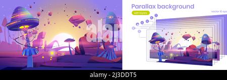 Paesaggio fantasy con funghi magici e piante sul pianeta alieno al tramonto. Sfondo parallasse vettoriale per animazione 2D con illustrazione cartoon di Illustrazione Vettoriale