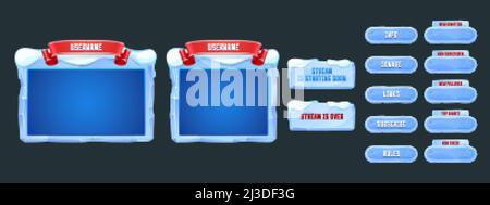 Pannelli e pulsanti di sovrapposizione per lo streaming di giochi con texture ghiacciata e neve. Modello di applicazione video per webcam. Set di cartoni animati vettoriali di frame live stream in Illustrazione Vettoriale