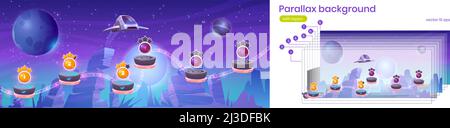 Arcade mobile con sfondo parallasse astronave, navetta interstellare al di sopra del pianeta alieno con risorse su piattaforme volanti, gioco fantasy 2D ui de Illustrazione Vettoriale