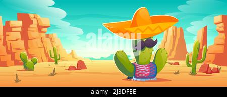 Cactus messicano con baffi in sombrero e poncho nel paesaggio desertico. Viva Mexico o cinco de mayo party, tradizionale vacanza latina o fiesta cele Illustrazione Vettoriale