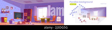 Parallax sfondo per bambini sala giochi 2D interni. Stanza del vivaio con giocattoli montessori, mobili, mensole e attrezzature per giochi e studi, separata l Illustrazione Vettoriale