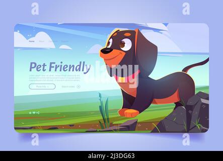 Banner per animali domestici con cane carino sul prato. Pagina di atterraggio vettore della visita consentita con animali domestici in hotel, ristorante o negozio. Cartoon illustrat Illustrazione Vettoriale