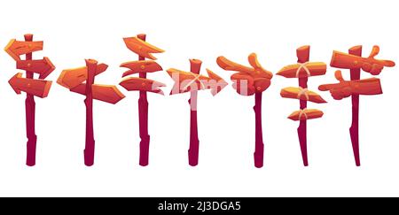 Cartoni con frecce in legno, cartelli di direzione, assi in legno con corde e chiodi. Banner di navigazione per strade in stile rustico. Traffico vuoto o guid Illustrazione Vettoriale