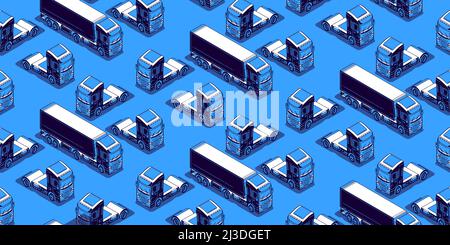 Modello senza cuciture con carrelli isometrici su sfondo blu. Rimorchi di consegna, veicoli di trasporto del carico con contenitori per logistica di trasporto e. Illustrazione Vettoriale