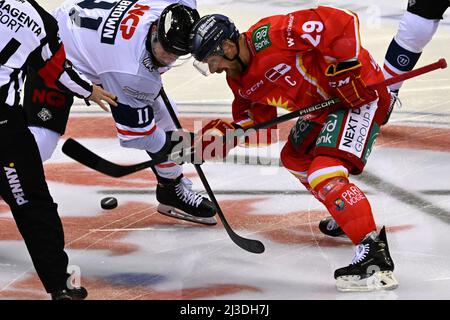 Duesseldorf, Germania. 07th Apr 2022. Hockey su ghiaccio: DEL, Düsseldorfer EG - Nürnberg Ice Tigers, campionato, 1st round, 2nd matchday, ISS Dome. Alexander Barta di Düsseldorf (r) e Chris Brown di Norimberga lottano per il puck. Credit: Federico Gambarini/dpa/Alamy Live News Foto Stock