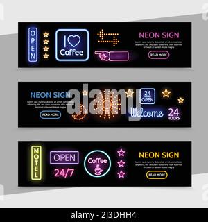 La pubblicità al neon insegne banner orizzontali con cornici luminose iscrizioni colorate frecce stelle luce luna scintille che indicano la mano caffè tazza Illustrazione Vettoriale