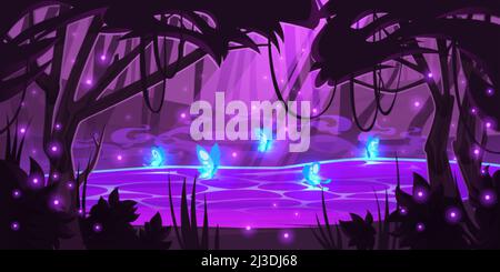 Notte foresta magica con lucciole incandescenti e farfalle su mistico stagno viola sotto gli alberi. Natura legno paesaggio con luna luce caduta su acqua surf Illustrazione Vettoriale
