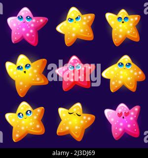 Cute star emoji, facce lucide in oro con diverse emozioni isolate su sfondo blu. Set di cartoni animati vettoriali di divertente personaggio star con sorriso felice, es Illustrazione Vettoriale