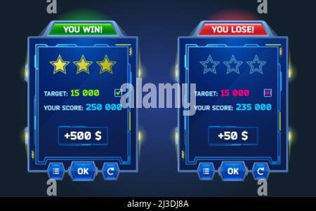 Menu di gioco si vince e si perde spazio gamer ui pannello luminoso con pulsanti. Interfaccia sci-fi con elementi gui, stelle tasso giocatore, target, denaro, punteggio, ok e. Illustrazione Vettoriale