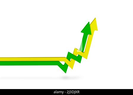 Inflazione, inflazione crescente isolamento bianco. Aumento dei prezzi. Frecce gialle e verdi intrecciate sulla carta rivolte verso l'alto, sfondo bianco. Crescita Foto Stock