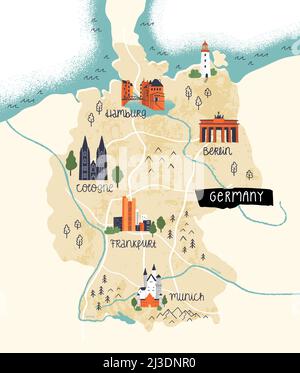 Bella mappa disegnata a mano della Germania con monumenti, città, fiumi, strade - ottimo per striscioni, cartoline, design di viaggio Illustrazione Vettoriale