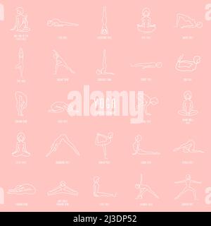 Yoga posa linea icone set, semplici segni di persone in 24 asana popolare, contorno bianco lineart segni isolati su sfondo rosa - vettore elemento di design Illustrazione Vettoriale