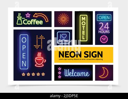 Pubblicità al neon segni modello infografico con brillanti cornici colorate iscrizioni scintille frecce incandescenti stelle luna turk caffè tazza isolato vecto Illustrazione Vettoriale