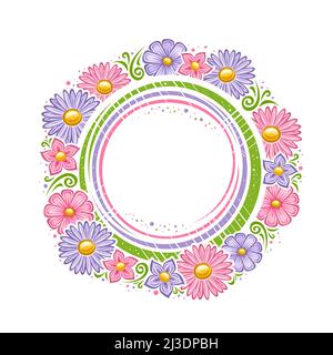 Cornice vettoriale per fiori di vacanza con copyspace per testo di saluto, badge decorativo con illustrazione di vari semplici fiori di marzo, cartoon verde f Illustrazione Vettoriale