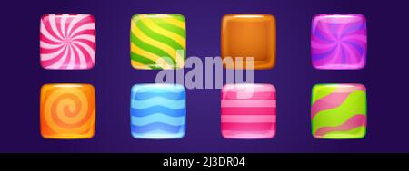 Set di icone delle applicazioni caramelle, pulsanti quadrati dell'interfaccia di gioco, interfaccia del menu cartoon lollipop, blocchi colorati con strisce. Elementi di progettazione grafica GUI per l'utente pa Illustrazione Vettoriale