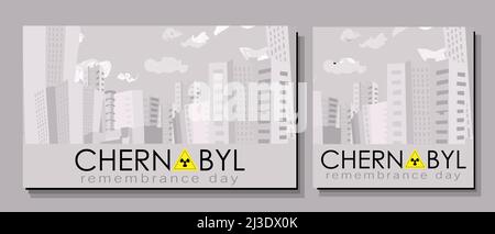 Poster Chernobyl. Il 26 aprile è il giorno della memoria delle vittime di Cernobyl. L'esplosione di un reattore nucleare in Ucraina. Città di Pripyat. Giallo si Illustrazione Vettoriale