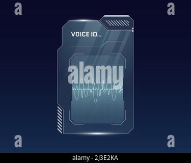 Pannello di riconoscimento vocale dell'interfaccia utente futuristica digitale HUD. Schermo luminoso con protezione dell'accesso ad alta tecnologia Sci Fi. Menu di gioco biometrico id audio dashboard. Identificazione degli altoparlanti cyberspace. Vettore Illustrazione Vettoriale