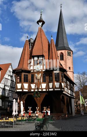 Vecchio Municipio e Chiesa-Torre di Michelstadt Foto Stock