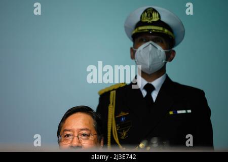 Buenos Aires, Argentina. 07th Apr 2022. Luis Arce, presidente della Bolivia, ha visto durante una conferenza alla Metropolitan University for Education and Work a Buenos Aires. (Foto di Manuel Cortina/SOPA Images/Sipa USA) Credit: Sipa USA/Alamy Live News Foto Stock