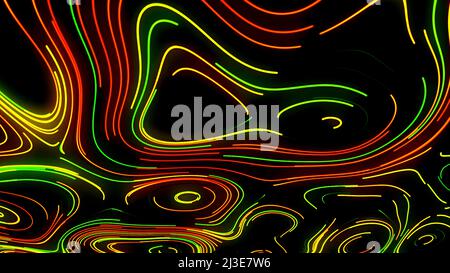Sfondo nero. Movimento. Le linee luminose multicolore brillano e si allungano per creare motivi. Foto Stock