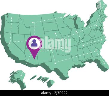 Mappa di rendering 3D isolata degli Stati Uniti con un vettore mappa pin Illustrazione Vettoriale