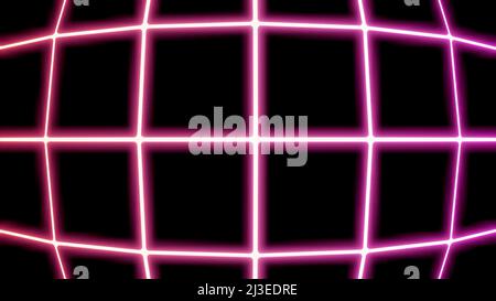 Righe astratte al neon di quadrati di linee sottili incandescenti, struttura convessa. Design. Grafica del movimento di animazione al neon della griglia. Foto Stock