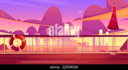 Vista dal ponte della nave da crociera al mare con gli edifici della città all'orizzonte al tramonto. Vettore cartoon illustrazione di paesaggio con lago o fiume, grattacielo Illustrazione Vettoriale