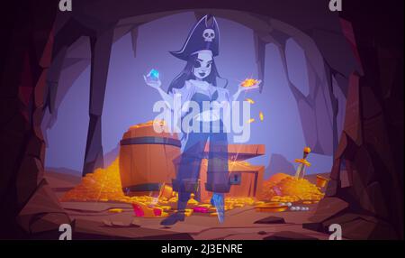Fantasma di ragazza pirata in grotta con tesoro. Illustrazione vettoriale di cartoni animati della miniera di roccia con petto di legno con ricchezze, pile di monete d'oro, gemme e spirito Illustrazione Vettoriale