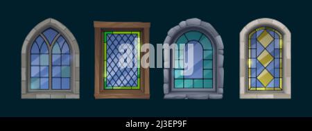 Finestre in vetro colorato con cartoni animati, chiesa cattolica, interni gotici medievali o architettura esterna elementi di design di forme rettangolari e ad arco. An Illustrazione Vettoriale