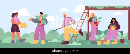 Persone giardinaggio lavori in fattoria o giardino. Uomini e donne agricoltori piantando e annaffiando germogli, rastrellando terreno. Felice agricoltori personaggi gruppo di lavoro io Illustrazione Vettoriale
