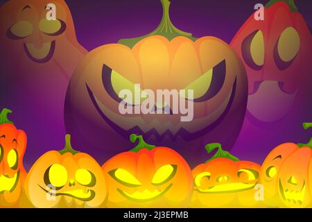 Spaventoso sfondo di Halloween con zucche con sorriso spoky e giallo bagliore. Illustrazione vettoriale di cartoni animati con lanterne autunnali tradizionali di colore arancione p Illustrazione Vettoriale