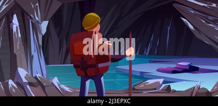 L'uomo escursionista fece accampamento in una grotta di ghiaccio scuro con sacco a pelo. Vettore cartoon paesaggio invernale con profonda grotta di pietra in montagna, neve, acqua ghiacciata, blanke Illustrazione Vettoriale