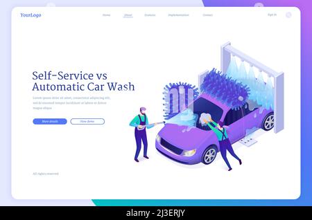 Pagina di atterraggio isometrica self-service vs. Autolavaggio automatico. I lavoratori del sistema di lavaggio del veicolo sporco con tubo e schiuma, stazione per automobili complesso Illustrazione Vettoriale