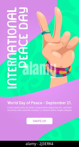 Il poster della giornata internazionale della pace con la mano mostra il V gesto. Bandiera vettoriale della giornata globale per la libertà, il mondo pacifico e contro la guerra. Templa dei social media Illustrazione Vettoriale