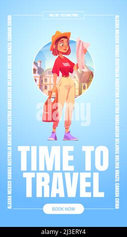 Tempo di viaggio poster con ragazza turistica con borsa e mappa in paese straniero. Vector flyer di viaggio di vacanza, turismo internazionale con cartoon illustre Illustrazione Vettoriale