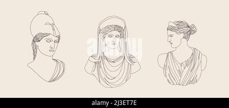 Scultura greca antica. Set di antiche statue delle dee lineari. Illustrazione vettoriale alla moda con stile di disegno a linea singola. Profilo a mano femmina Illustrazione Vettoriale