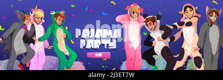 Pigiama party cartoon web banner. Le persone in tute animali kigurumi si rallegrano con confetti e cuscini. Adolescenti che indossano costumi di rana, gatto, mucca e. Illustrazione Vettoriale