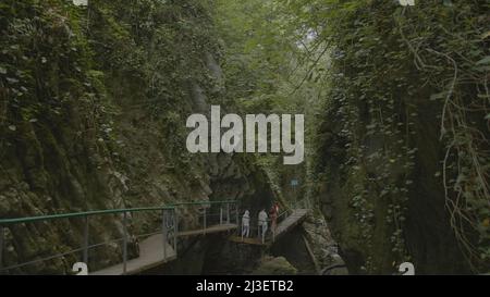 Sentiero escursionistico nella giungla rocciosa. Creativa. Gli escursionisti camminano attraverso il ponte sulla scogliera nella giungla selvaggia. Ponte tra le rocce nella foresta verde Foto Stock
